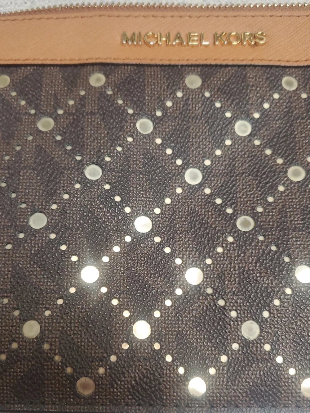 Michael Kors Dark Brown Perforated Zip Clutch with Tan Trim
